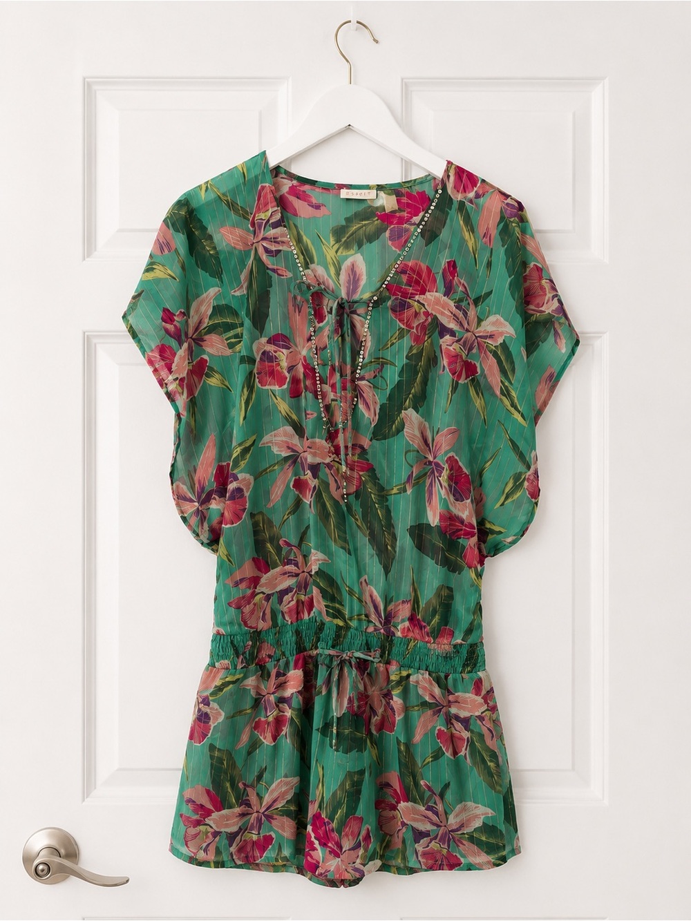 Accessorize Teal Floral Metallic-Striped bathing suit cover up medium vacation